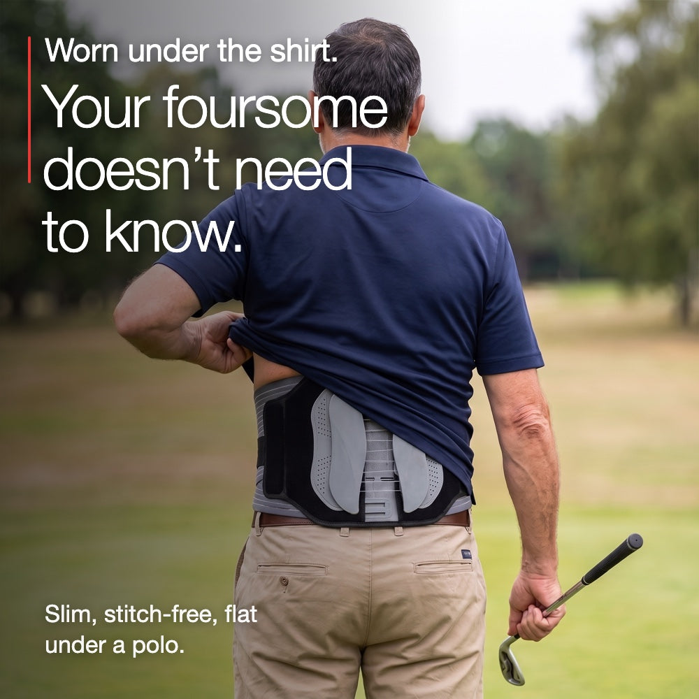 Golfer lifting his polo to show the Neurogena back support belt worn under the shirt