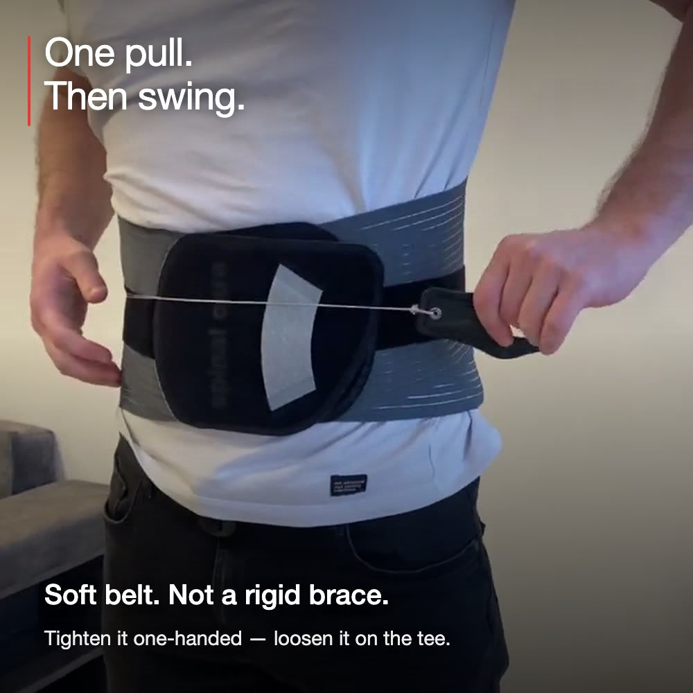 One pull tightens the Neurogena back support belt - soft belt, not a rigid brace