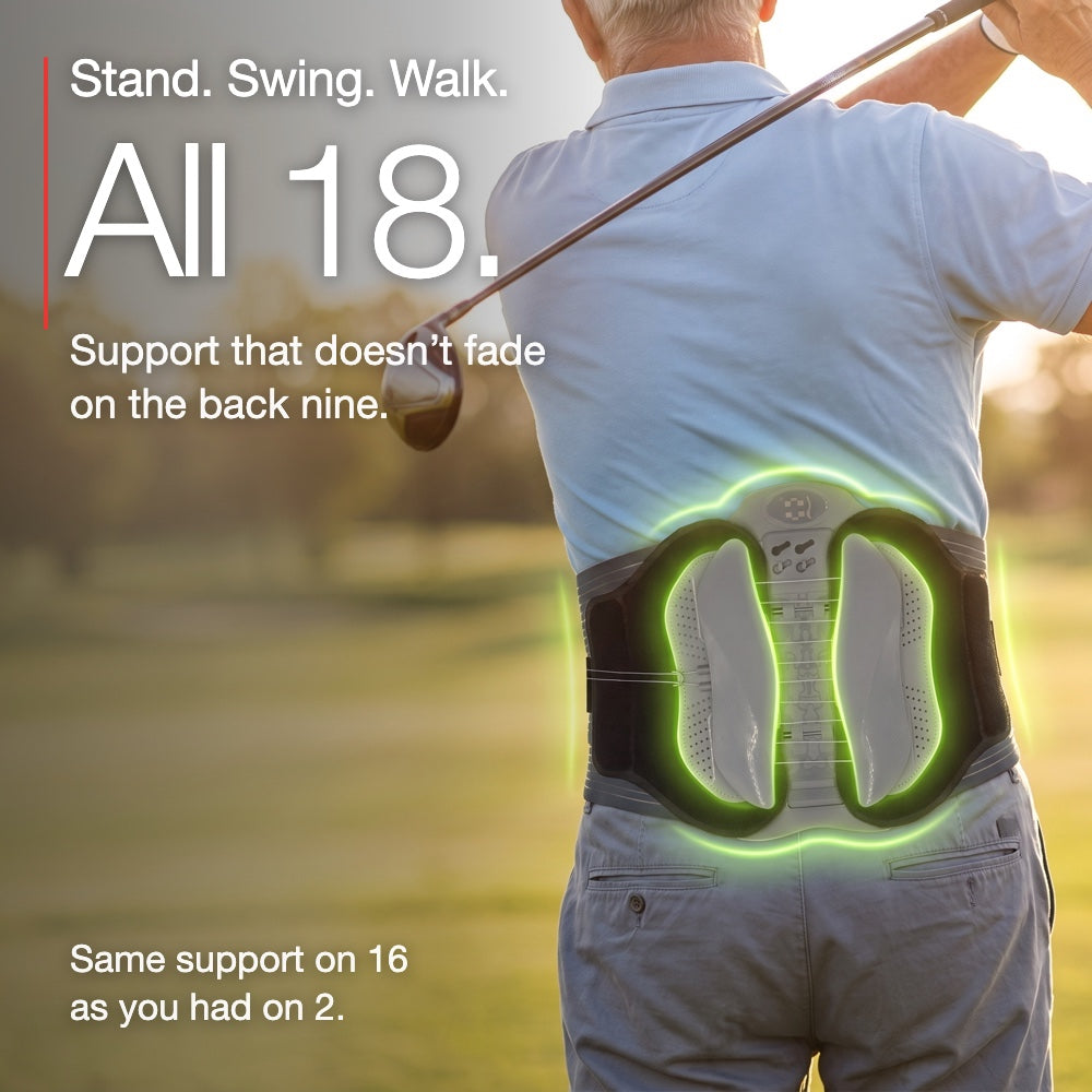 Golfer swinging while wearing the Neurogena back support belt - stand, swing and walk, support for all 18 holes