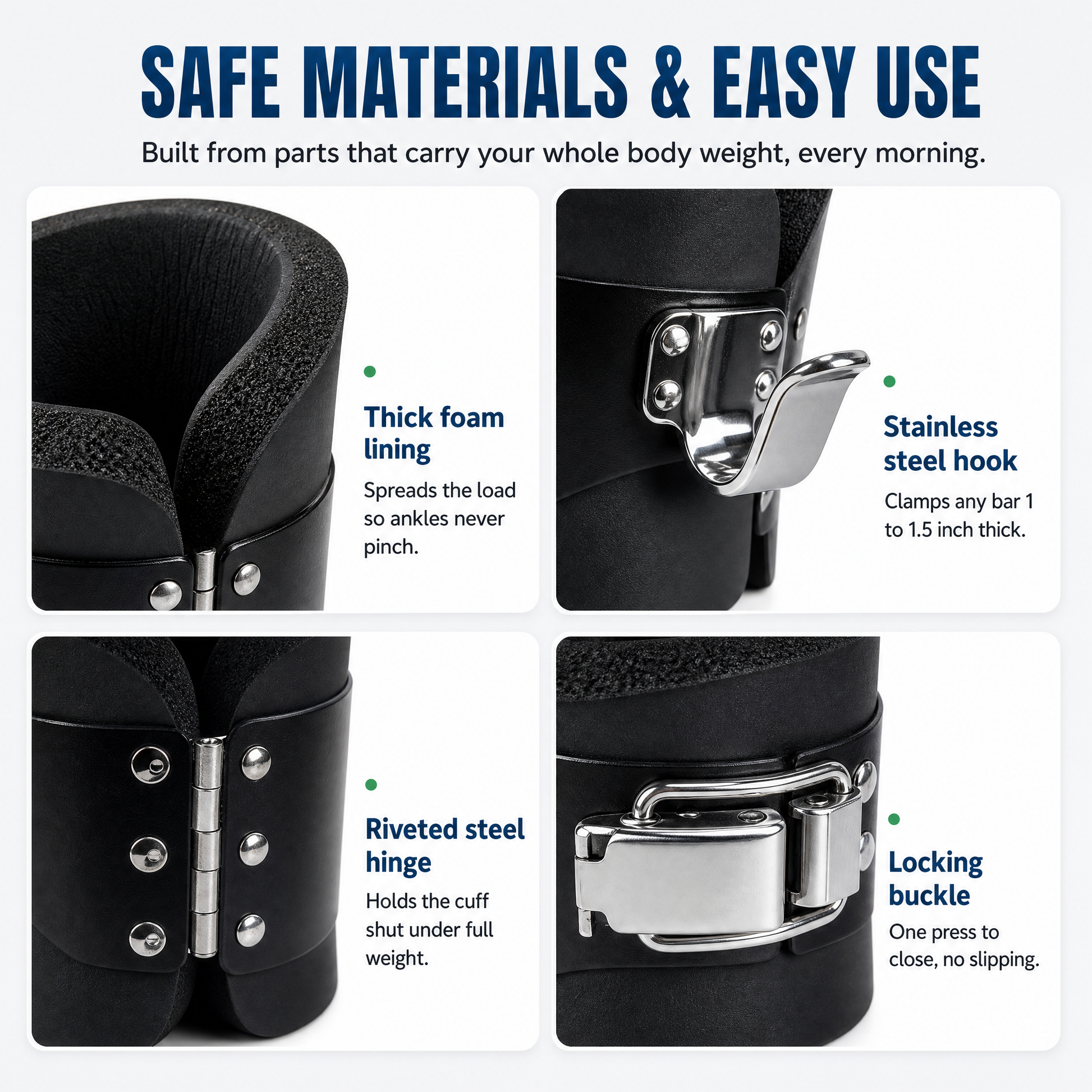 Safe materials and easy use — foam lining, stainless steel hook, riveted hinge, locking buckle