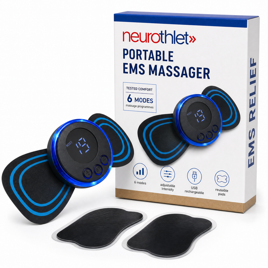 Neurothlet EMS Relief portable massager with its box and spare gel pads