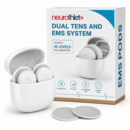 Neurothlet EMS Pods dual TENS and EMS system with its box and spare gel pads
