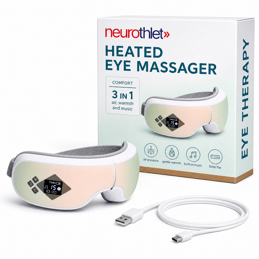 Neurothlet Eye Therapy heated eye massager with its box and charging cable