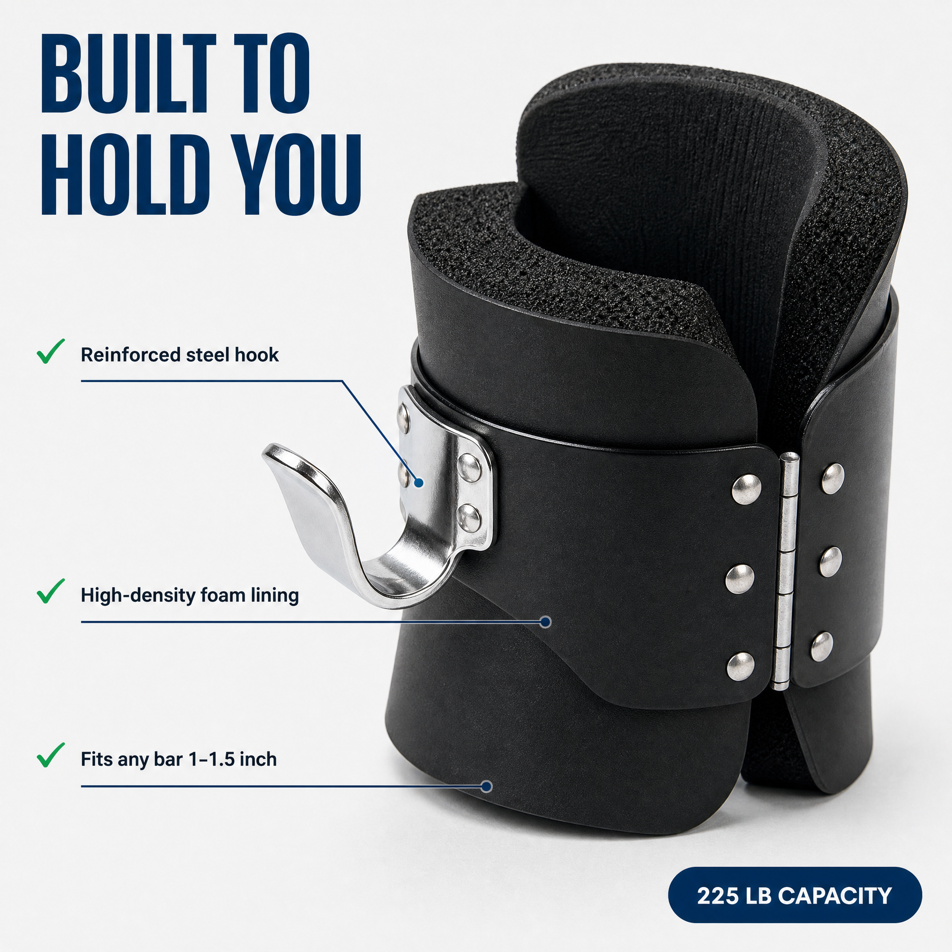 Built to hold you — reinforced steel hook, high-density foam lining, fits any bar 1–1.5 inch